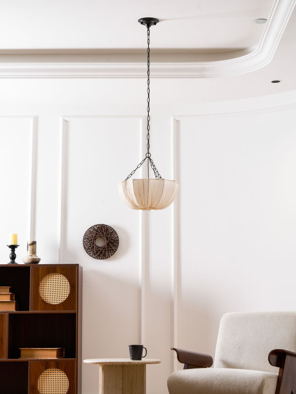 Cotton pendant light viewed from the side showing its form