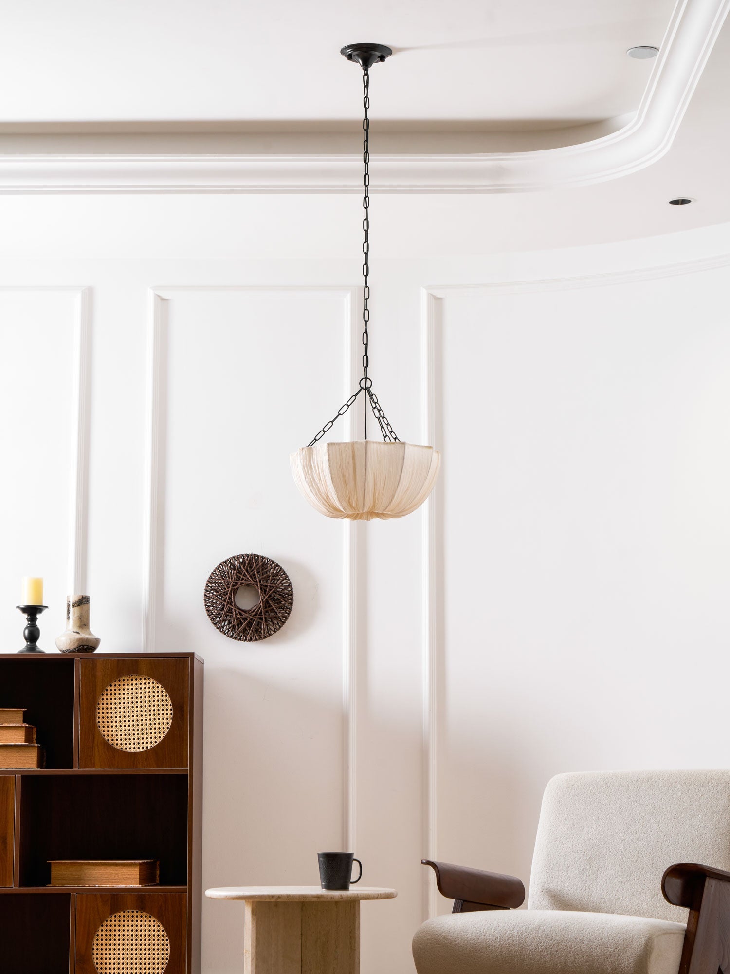 Cotton pendant light viewed from the side showing its form