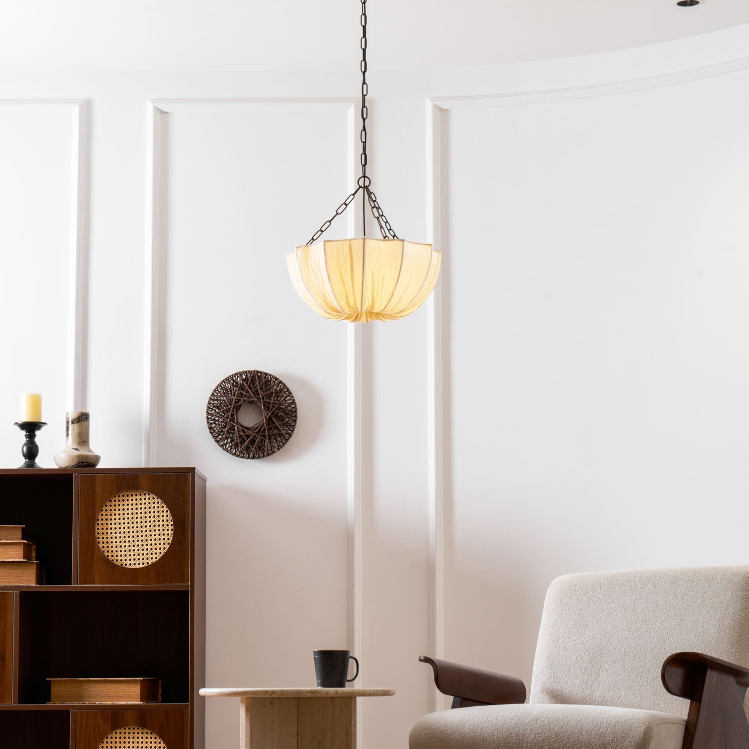 Gathered cotton pendant shade detail with subtle gathering