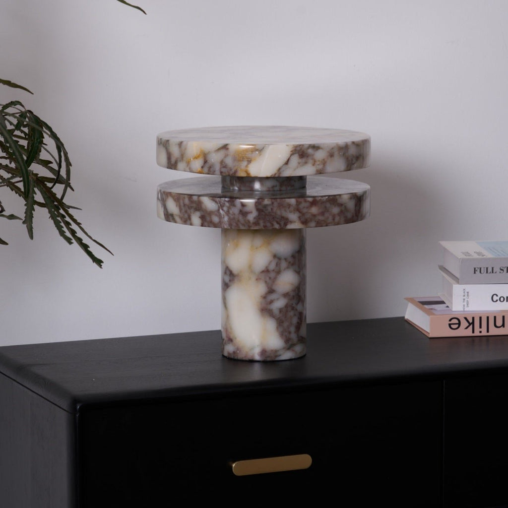 Clérachic lamp unlit on the dresser, the branch above and the stack of books beside it on the dark surface.