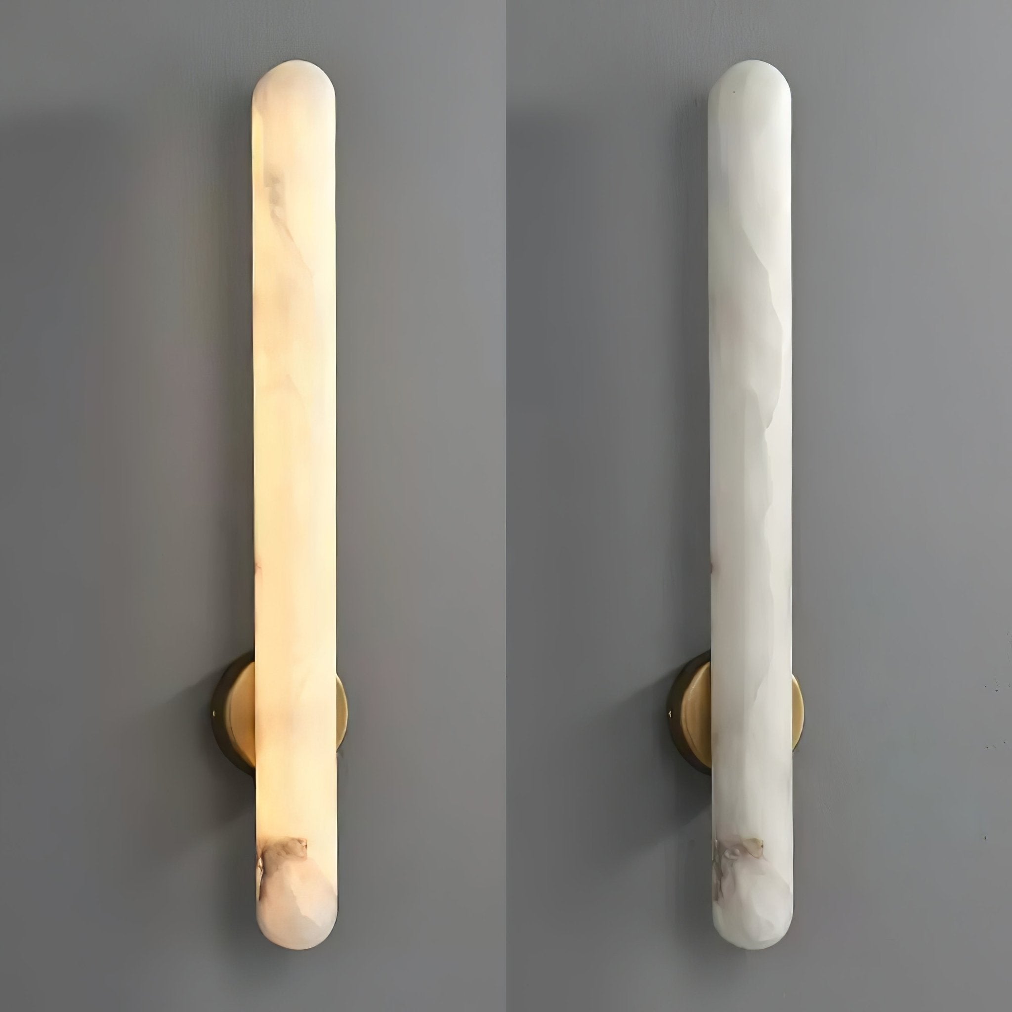 The sconce shown lit and unlit side by side on grey, comparing the warm glow with the raw stone.