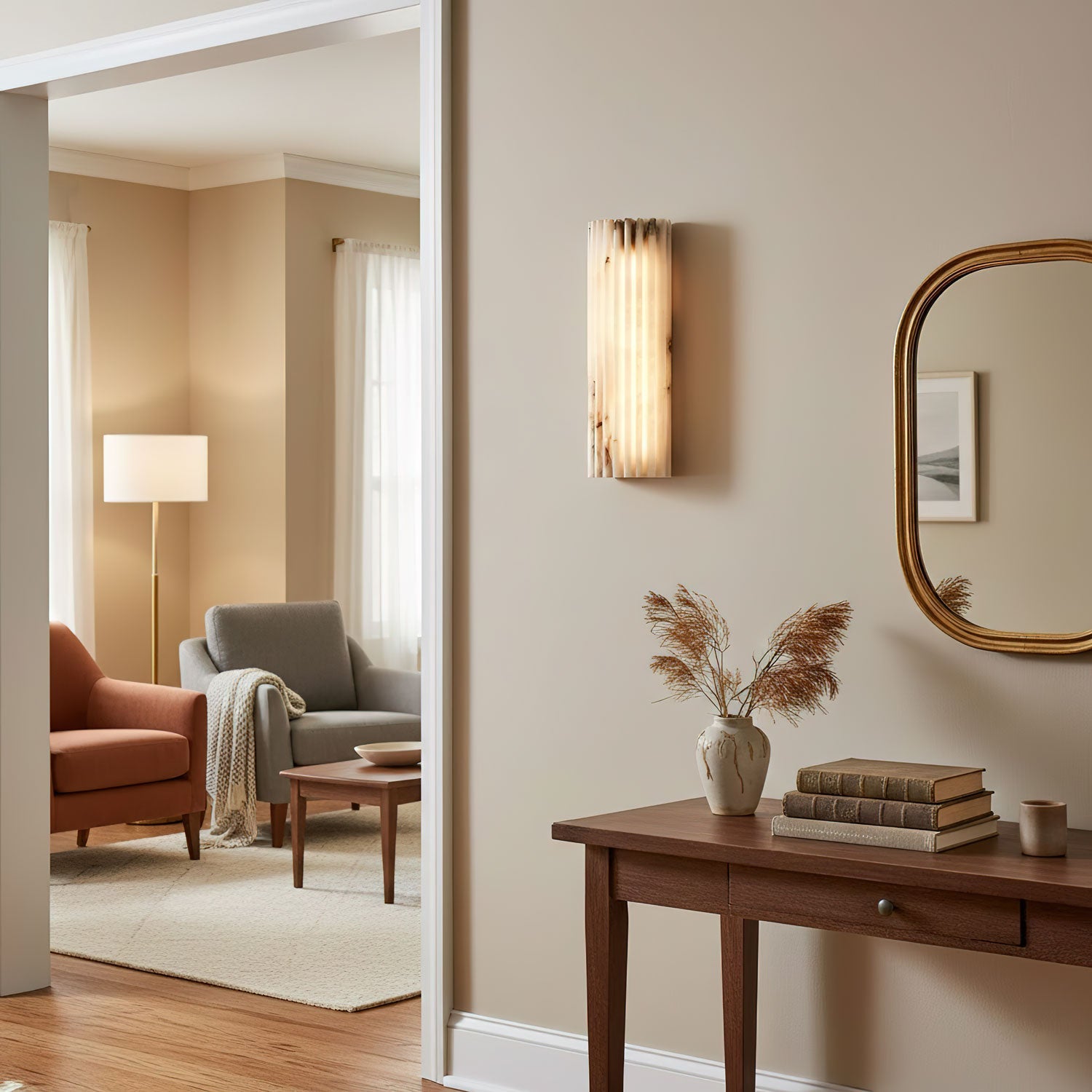 Alabaster wall light close detail with subtle amber veining