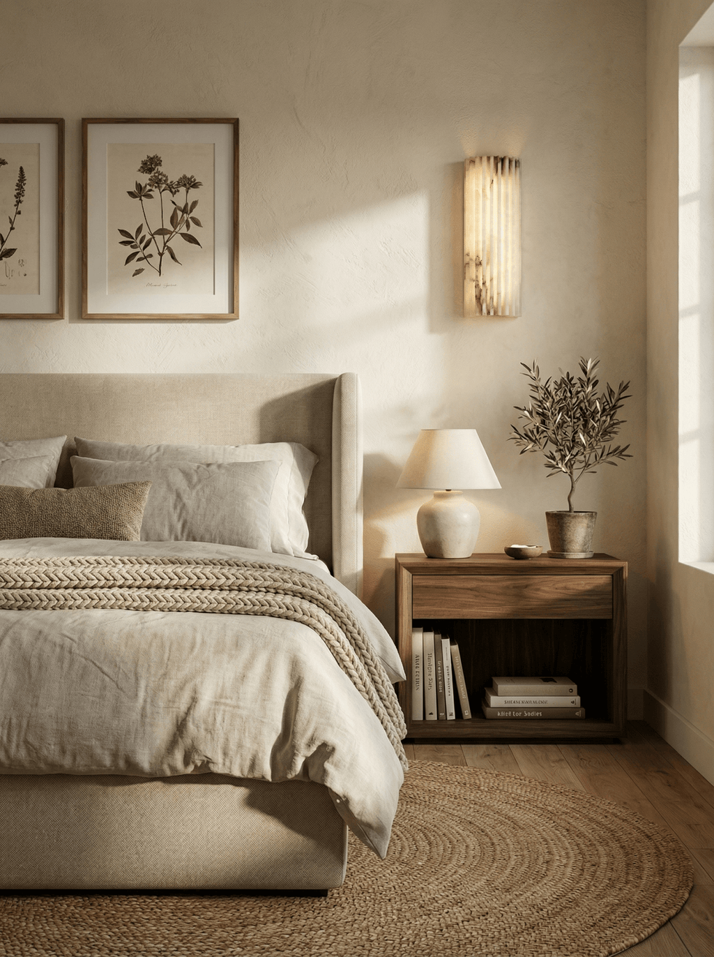 Alabaster wall light shown lit against a dark wall