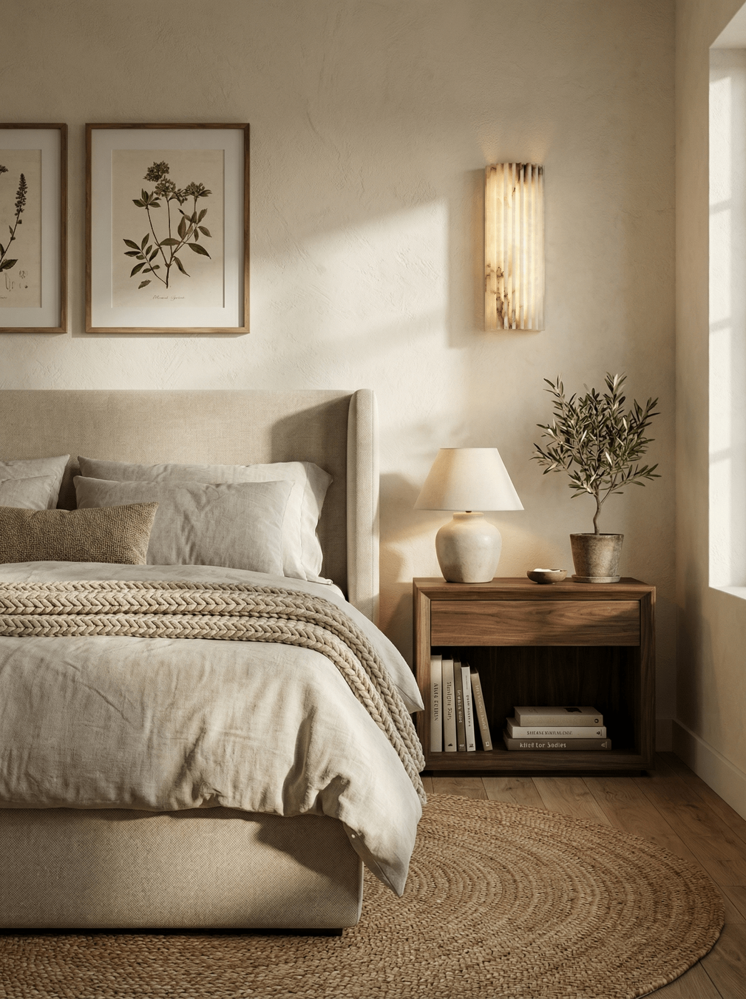 Alabaster wall light shown lit against a dark wall
