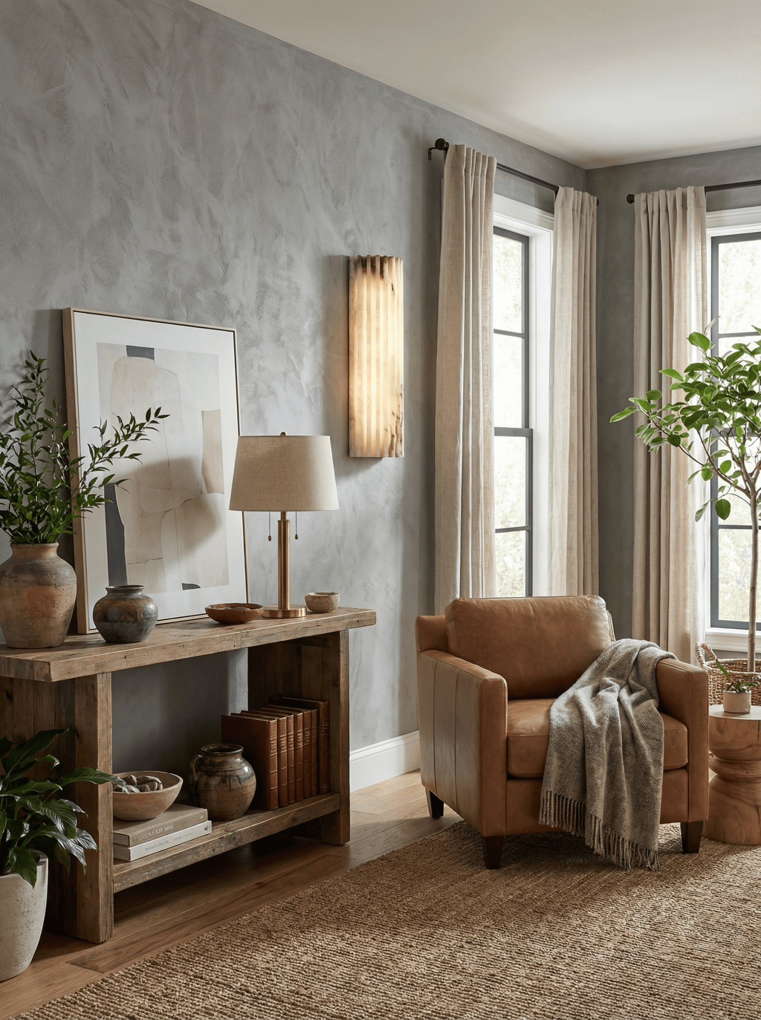 Alabaster wall light showing its translucent ribbed stone