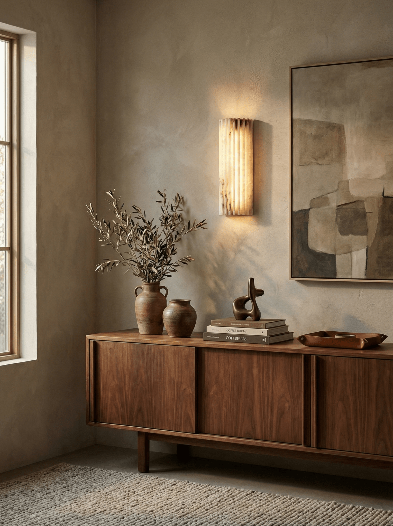 Slim alabaster wall light glowing in a cozy room