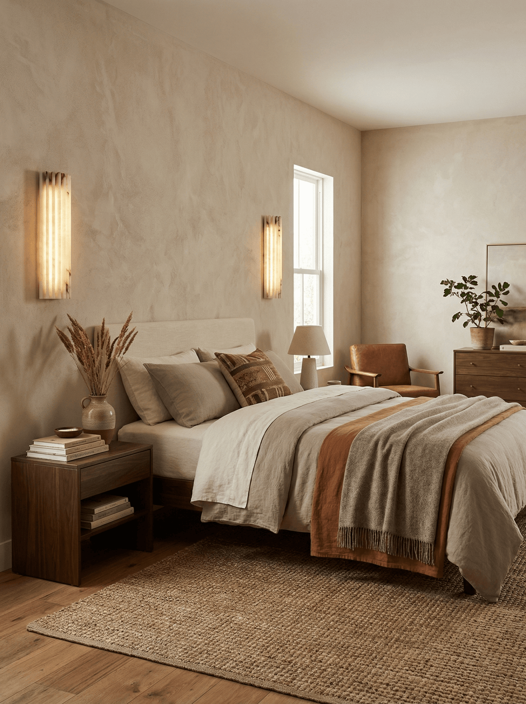 Alabaster wall light glowing warm white in an entryway