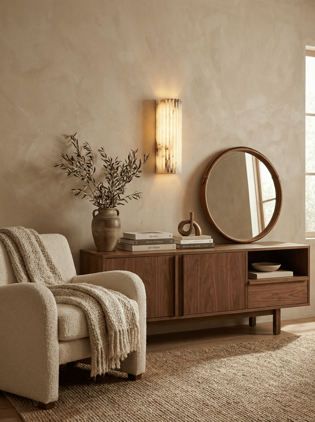 Tall alabaster wall light illuminating a textured wall