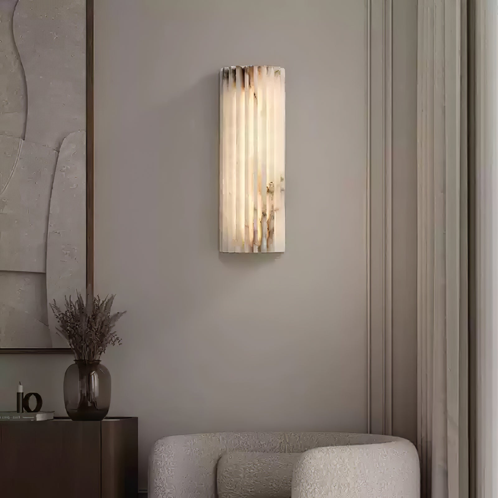 Pair of alabaster wall lights flanking a mirror