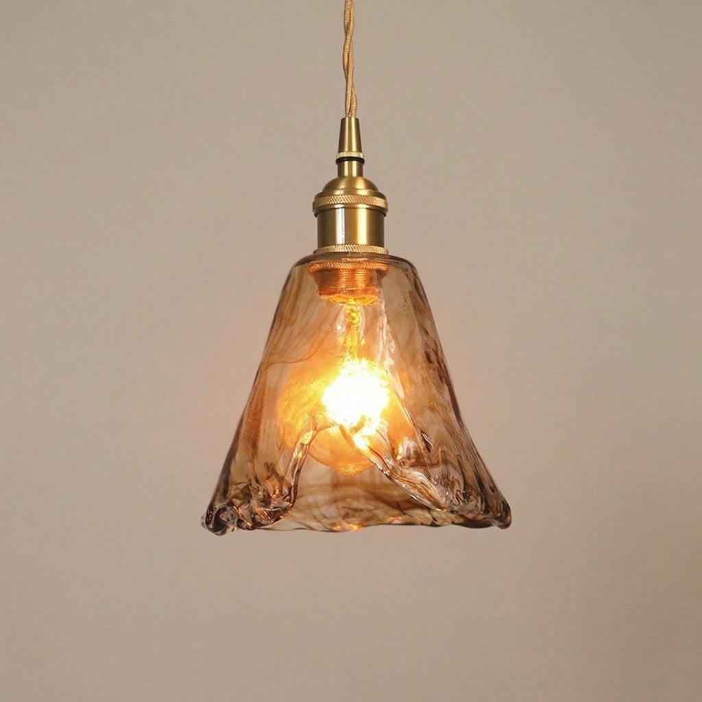 Amber Glass Bell Pendant Light, Brass Fixture, Adjustable Cord, 12-Inch E27