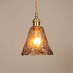 Amber Glass Bell Pendant Light, Brass Fixture, Adjustable Cord, 12-Inch E27