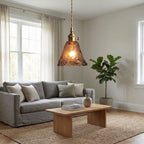 Amber Glass Bell Pendant Light, Brass Fixture, Adjustable Cord, 12-Inch E27