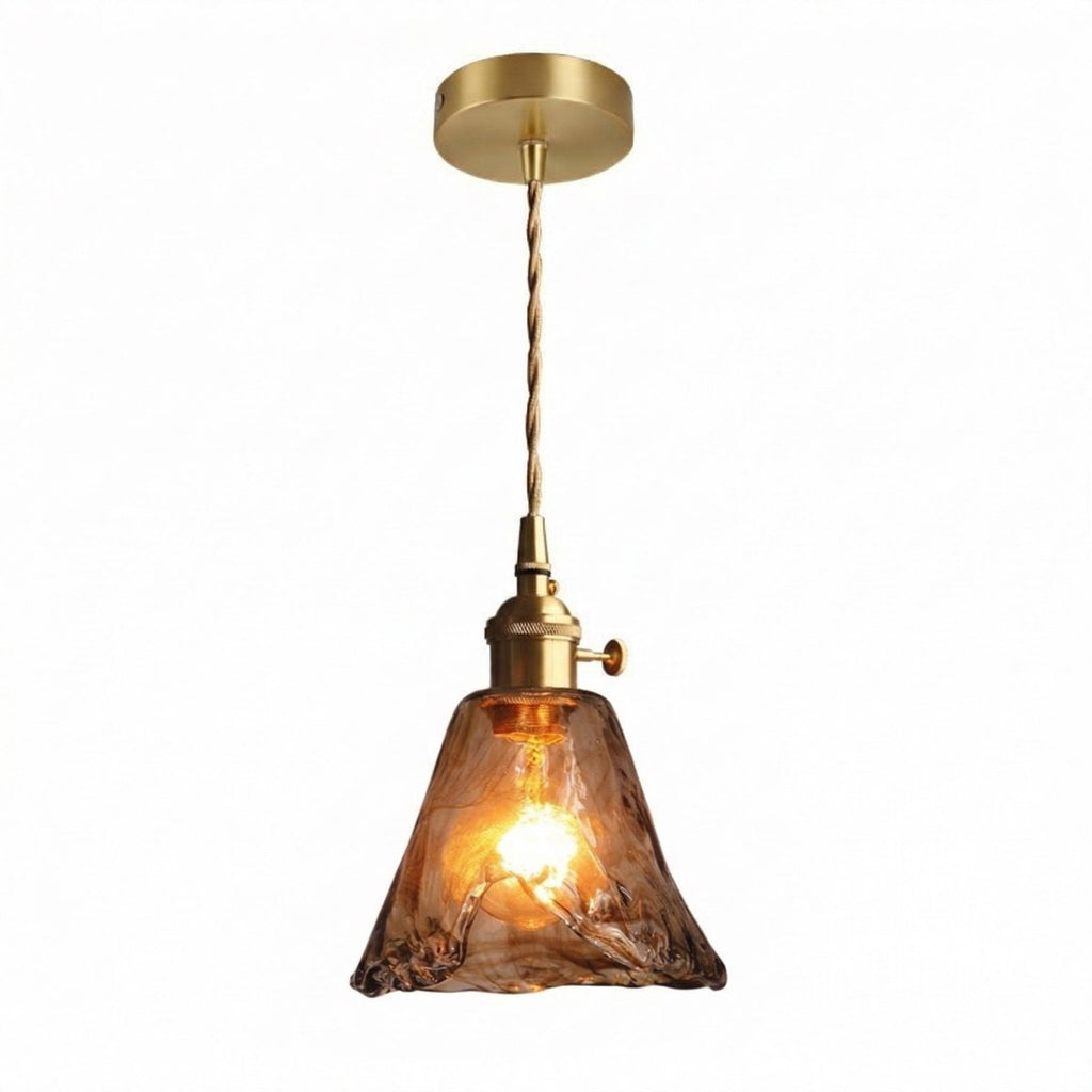 Amber Glass Bell Pendant Light, Brass Fixture, Adjustable Cord, 12-Inch E27