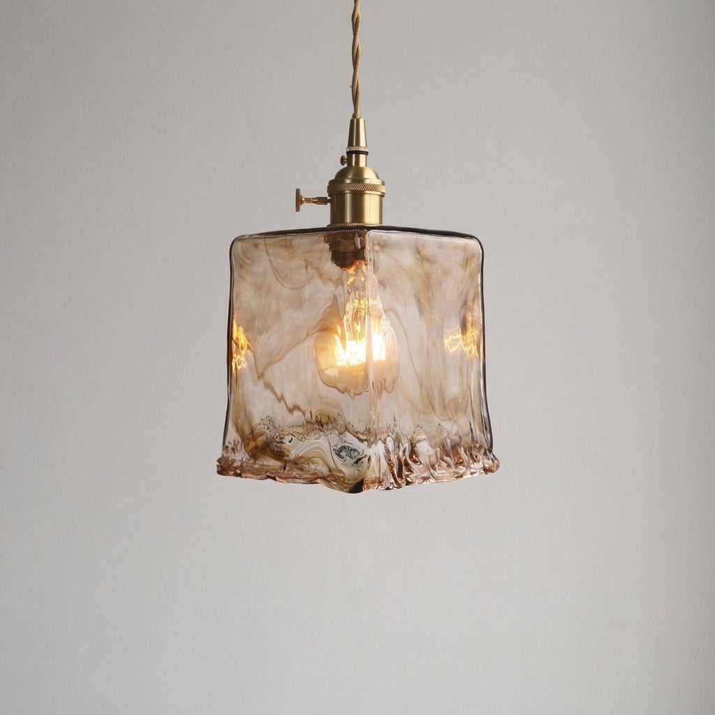 Amber Glass Pendant Light, Marbled Swirl Shade, Brass Fixture, 12-Inch