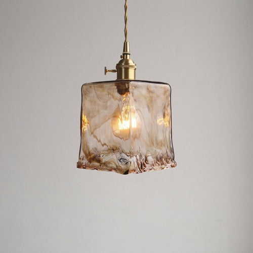 Amber Glass Pendant Light, Marbled Swirl Shade, Brass Fixture, 12-Inch