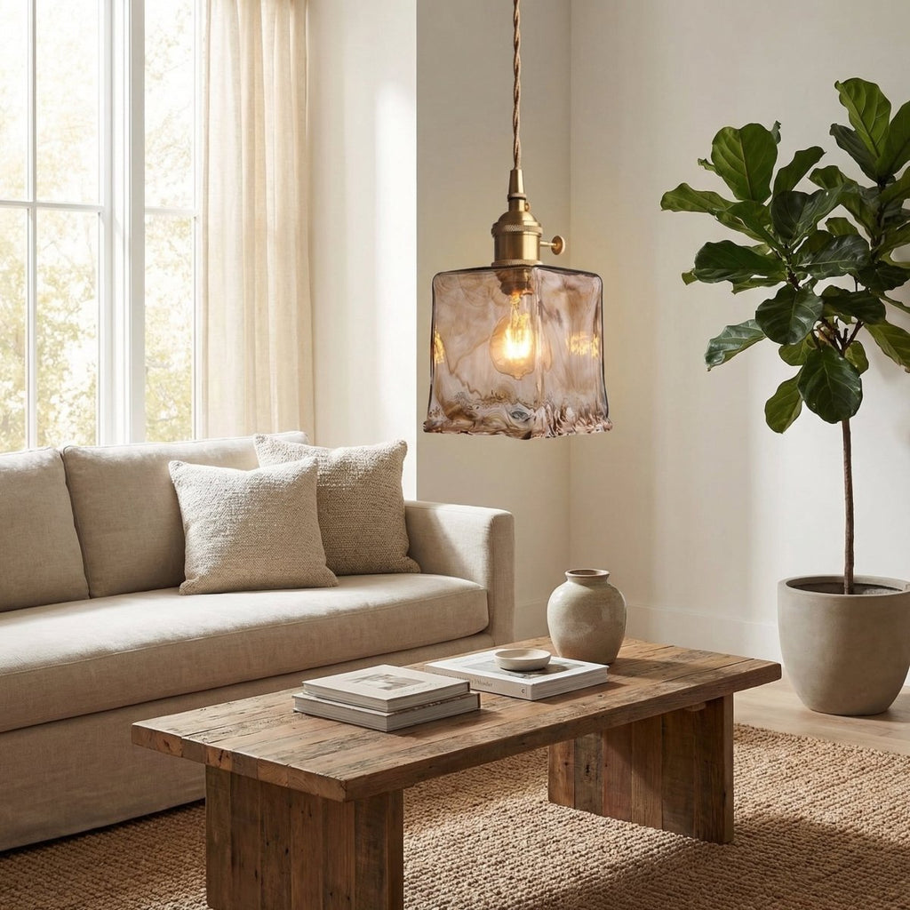 Amber Glass Pendant Light, Marbled Swirl Shade, Brass Fixture, 12-Inch