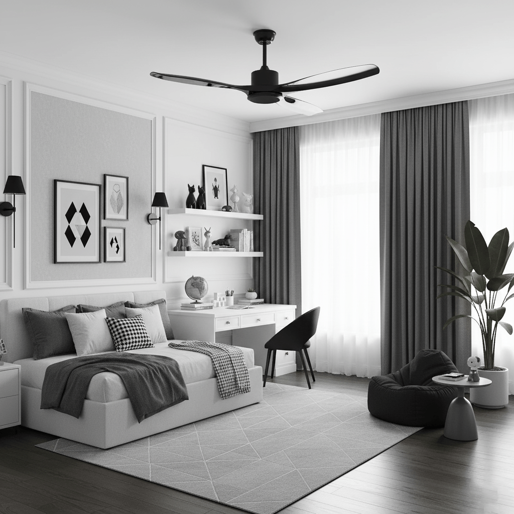 Ceiling fan in white finish shown against a neutral ceiling