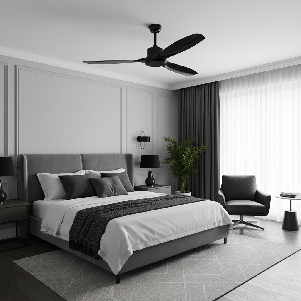 Ceiling fan in black finish viewed from below