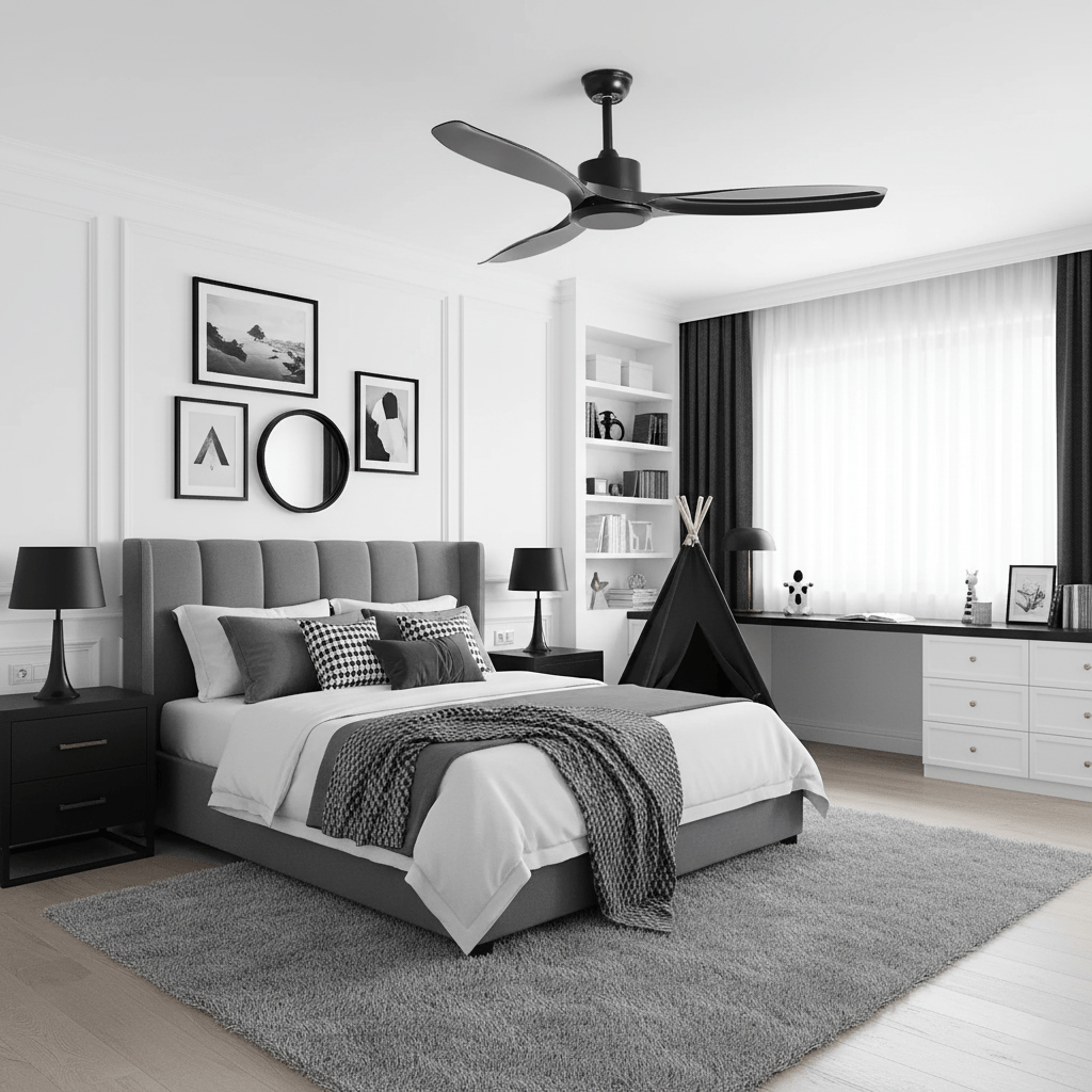 Ceiling fan shown disassembled with blades and canopy