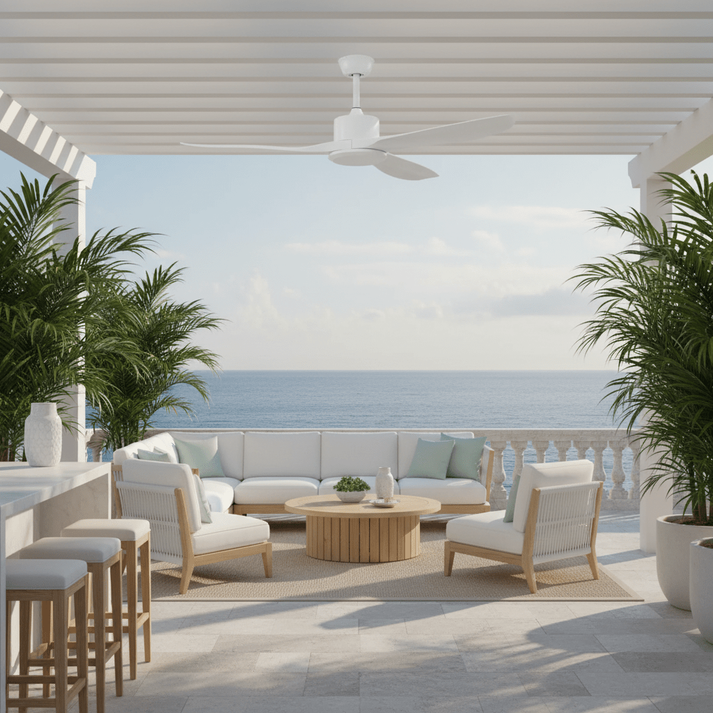 Ceiling fan with white blades and compact canopy detail