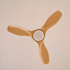 Curved-blade ceiling fan above a seating area at dusk