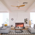 Ceiling fan shown spinning in a softly lit room