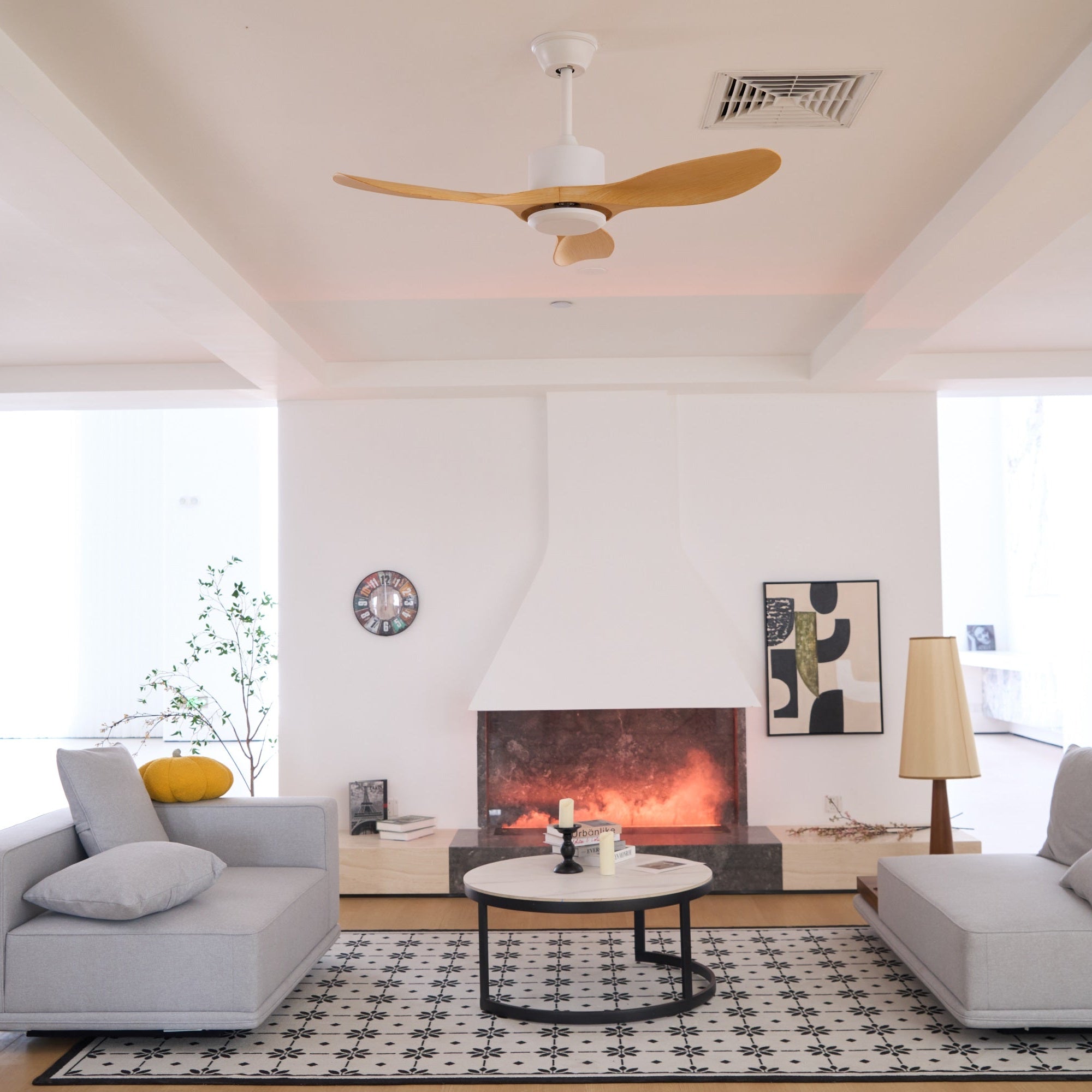 Ceiling fan shown spinning in a softly lit room