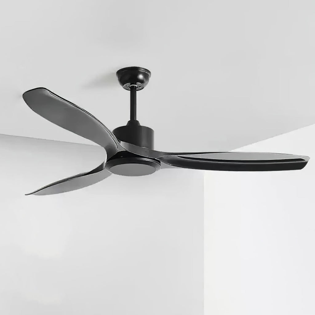 Ceiling fan with walnut wood grain blades above a sofa