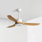 Curved-blade ceiling fan shown from below in a modern space