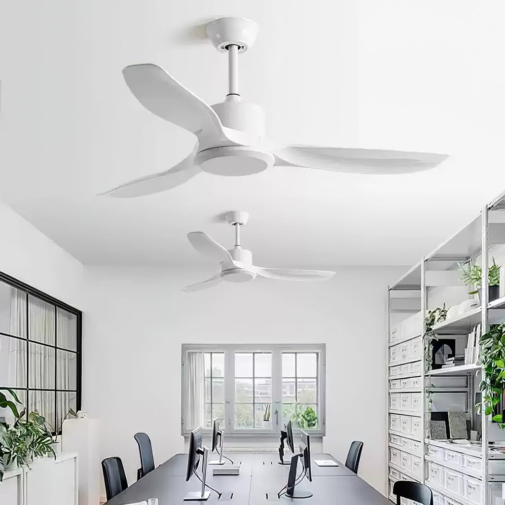 Ceiling fan with wood grain blades in a warm interior