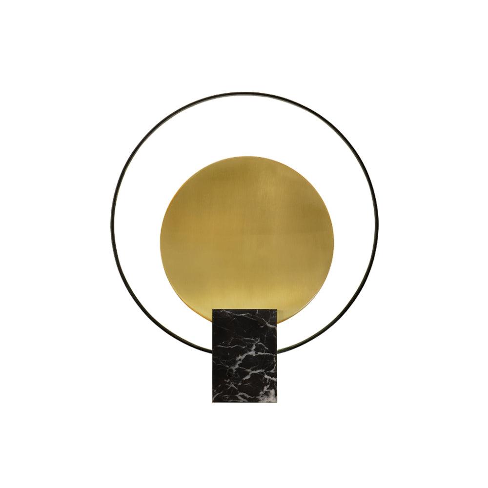 Clérachic table lamp in the black marble finish, gold disc and black ring photographed on a plain white background.