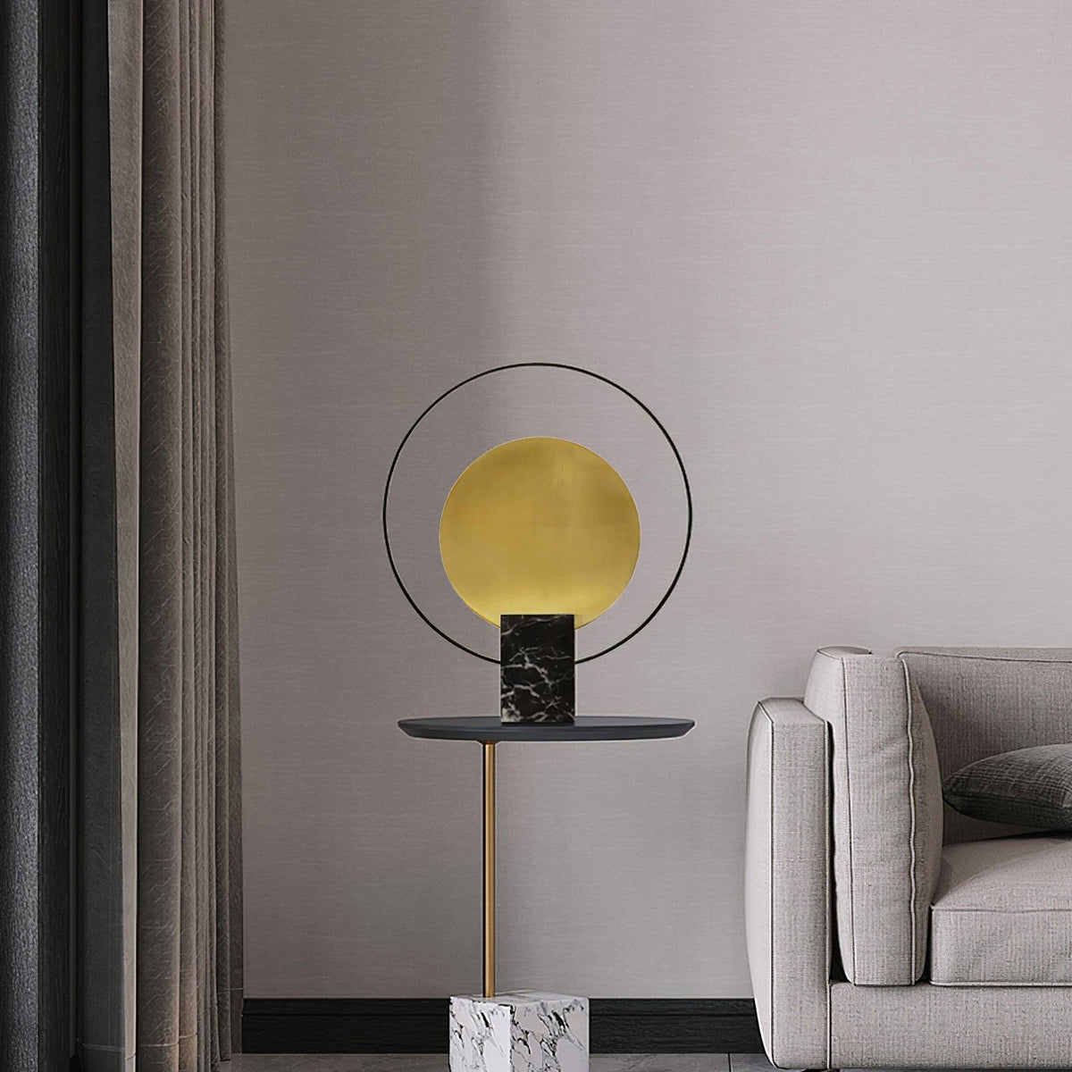 Clérachic table lamp on a slender-pedestal side table beside an armchair, sheer curtains softening the daylight behind it.