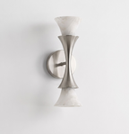 Studio shot against a plain backdrop, this Clérachic sconce shows its brushed nickel finish and upward- and downward-facing shades.