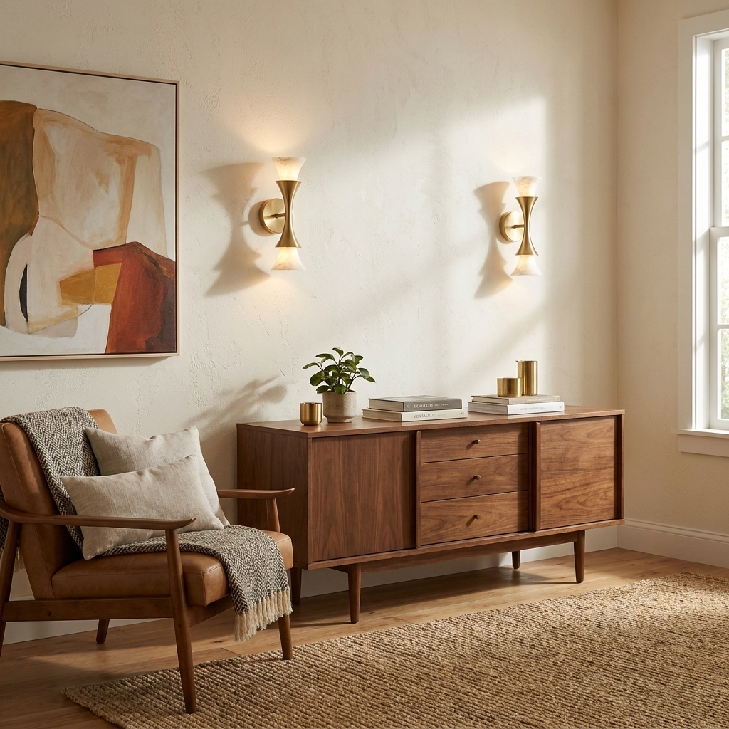 Beside an abstract framed print above a walnut credenza, this Clérachic sconce in brushed brass lights a living room wall.