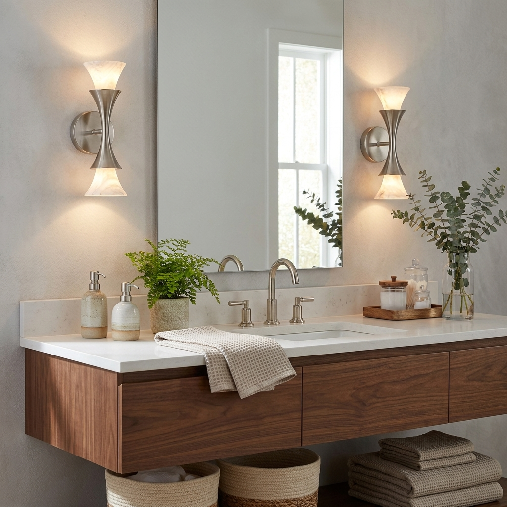 Flanking a rectangular mirror over a floating walnut vanity, these Clérachic sconces in brushed nickel light the towels below.
