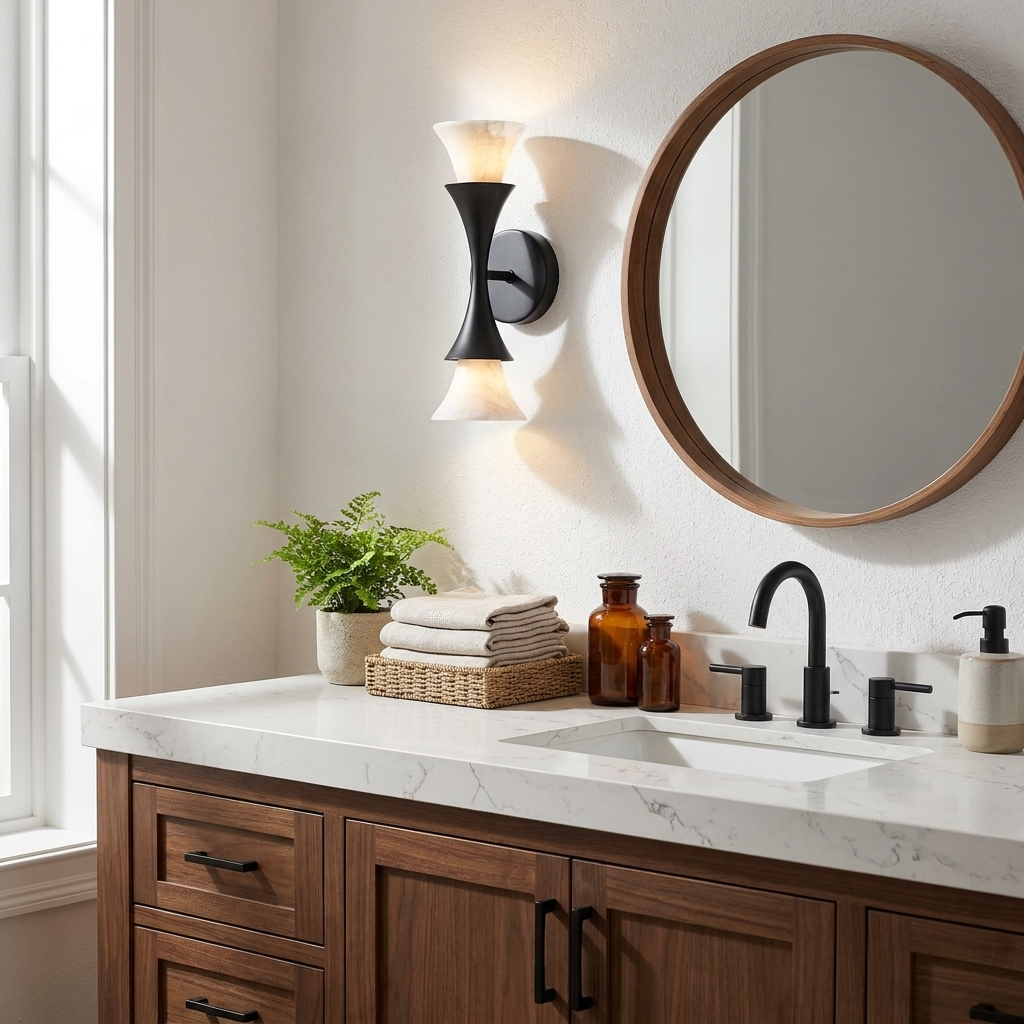 Either side of a round mirror above a dark wood vanity with ferns, these Clérachic sconces glow in matte black.
