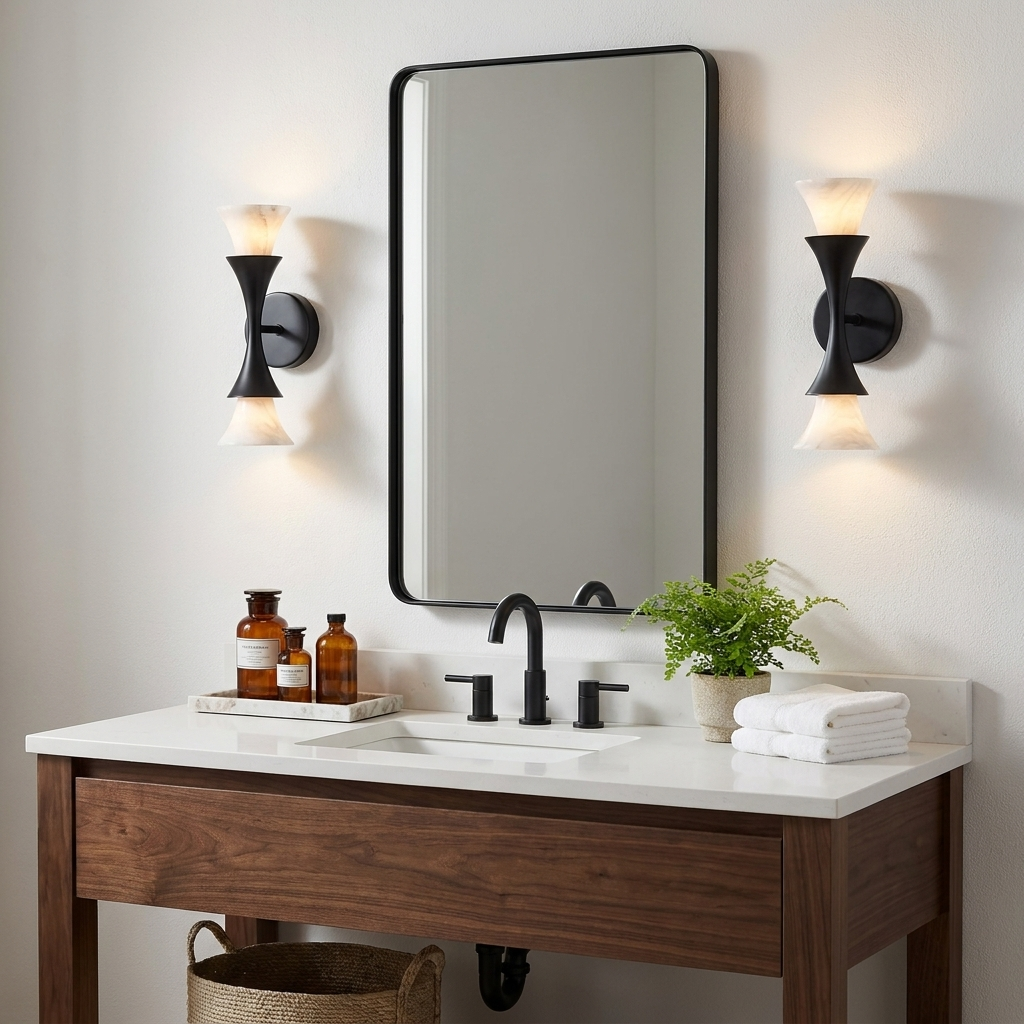 Mounted beside a black rectangular mirror over a dark wood vanity, these Clérachic sconces show a matte black finish.