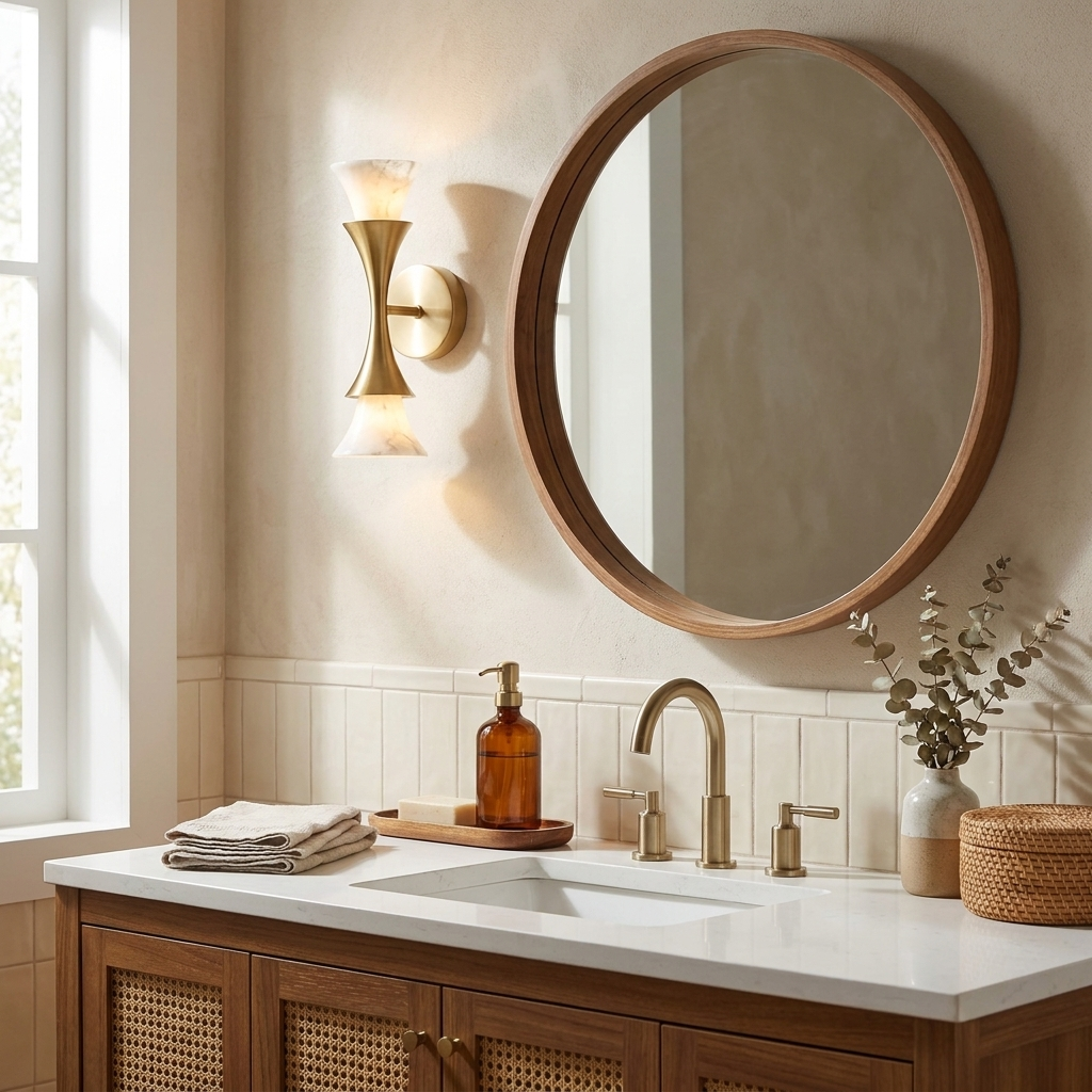 Either side of a round wood-framed mirror, these Clérachic sconces in brushed brass warm a cream-tiled bathroom.