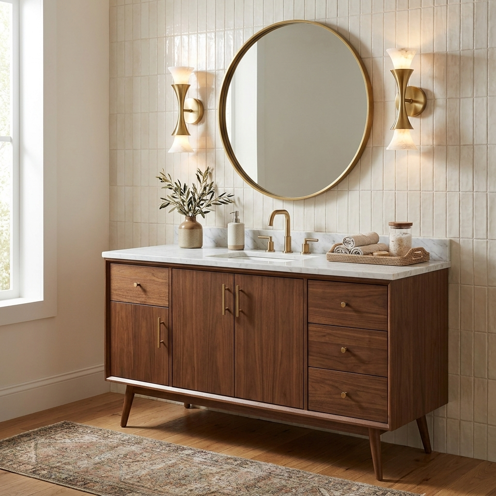 Flanking a round brass-framed mirror above a walnut vanity, these Clérachic sconces glow softly on cream tile.