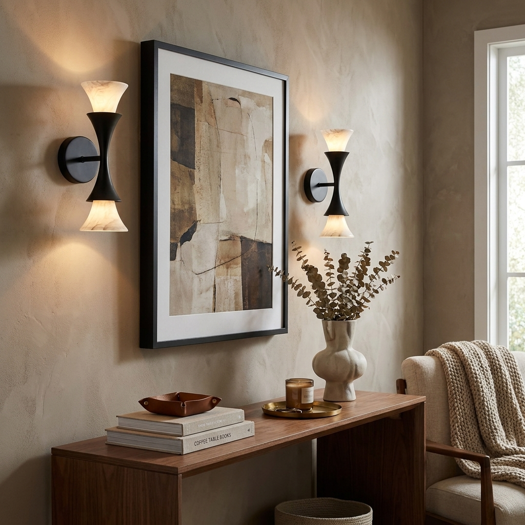 In an entryway beside a framed abstract print, these Clérachic sconces in matte black flank a walnut console table.