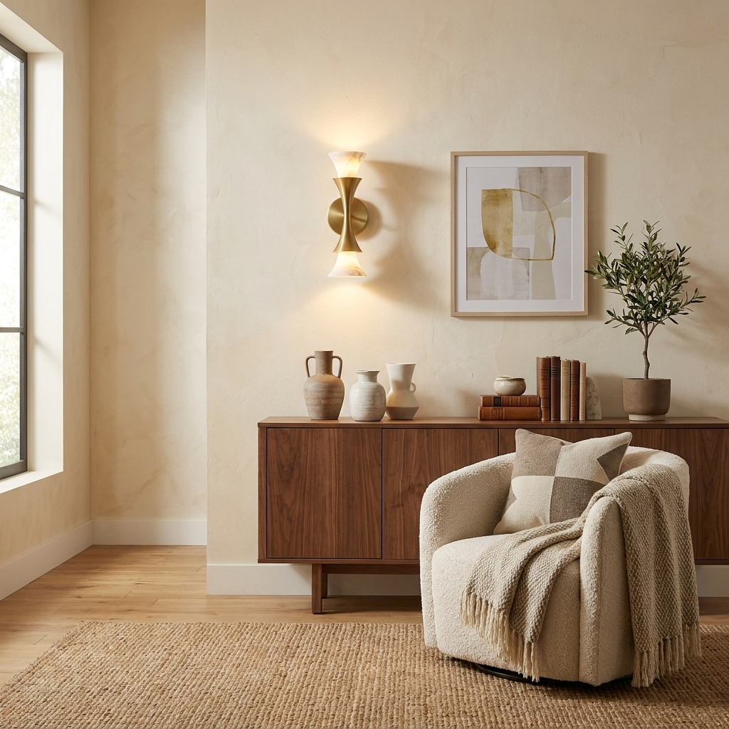 Beside a framed abstract print, this Clérachic sconce in brushed brass warms a living room corner with an armchair below.