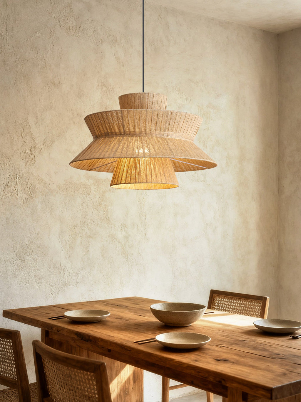 Above a plaster-walled dining nook set with stoneware bowls, this Clérachic pendant hangs near a rattan chair.