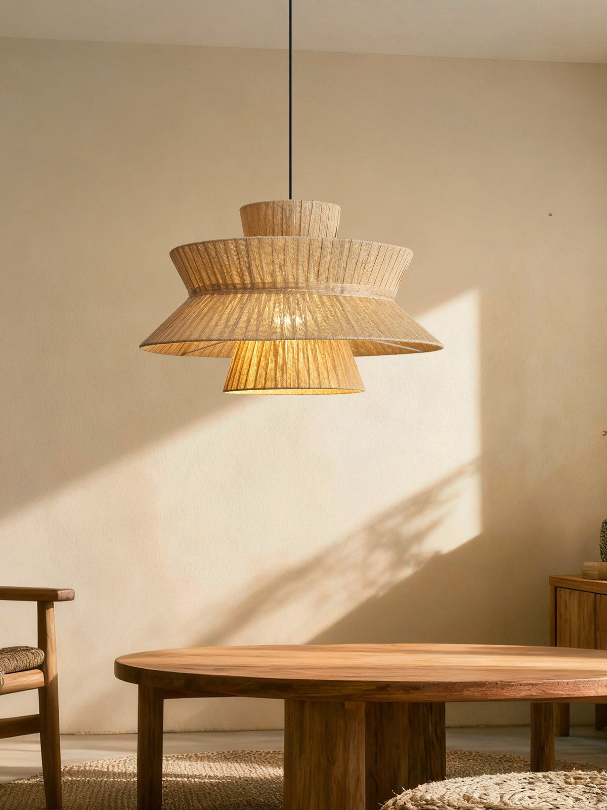 Sunlight falls across this Clérachic pendant as it hangs above a round wood table and a woven chair.