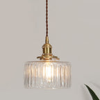 Taklampe, vintage-stil ribbet glasskjerm, justerbar E27-ledning