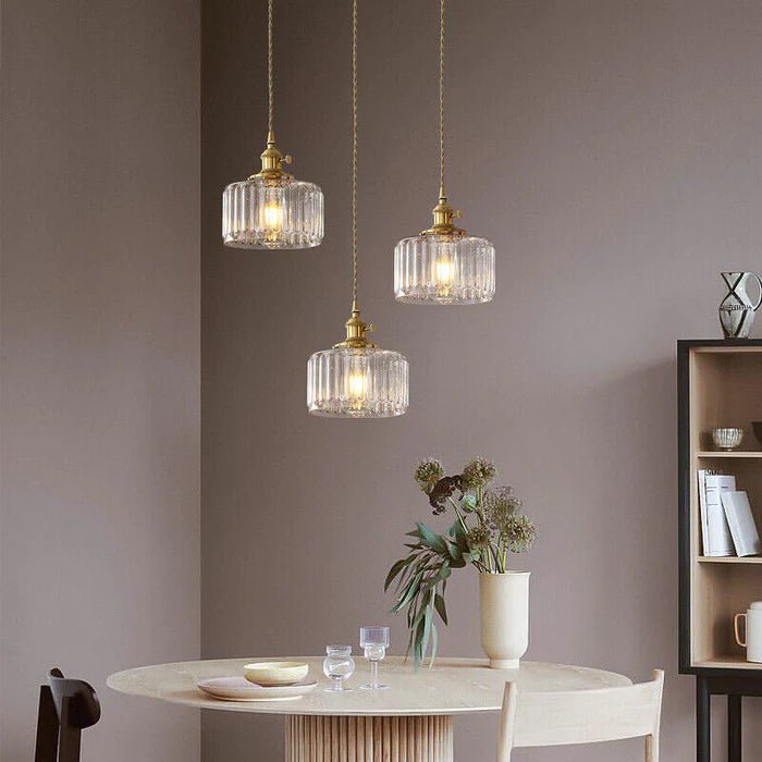 Taklampe, vintage-stil ribbet glasskjerm, justerbar E27-ledning