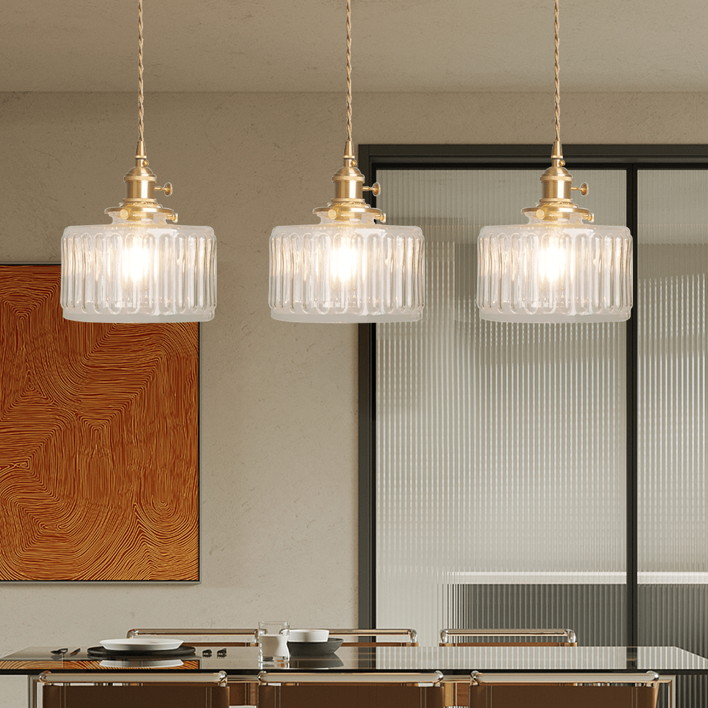 Taklampe, vintage-stil ribbet glasskjerm, justerbar E27-ledning