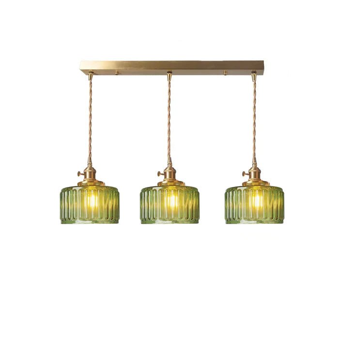 Taklampe, vintage-stil ribbet glasskjerm, justerbar E27-ledning