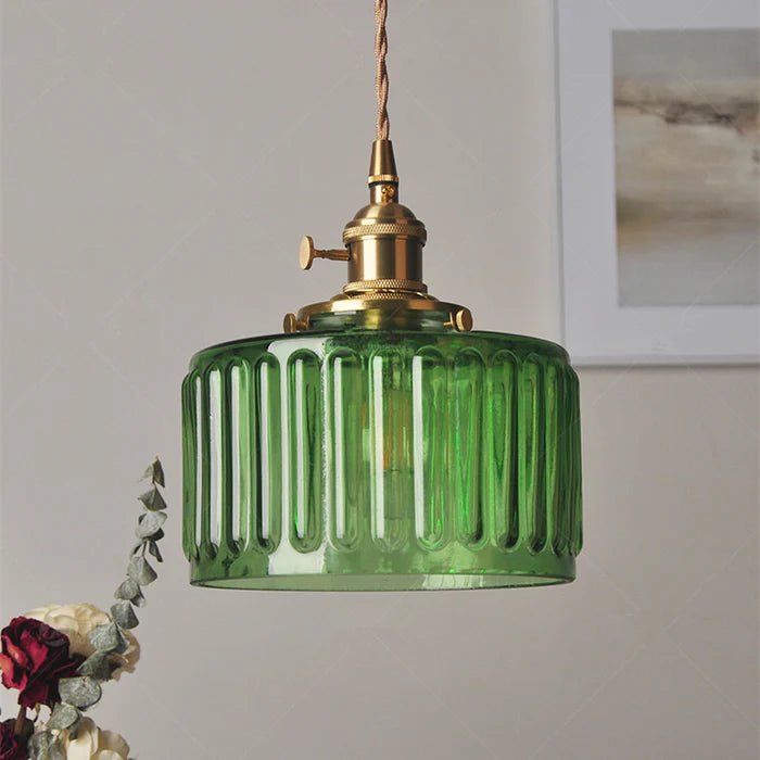Taklampe, vintage-stil ribbet glasskjerm, justerbar E27-ledning