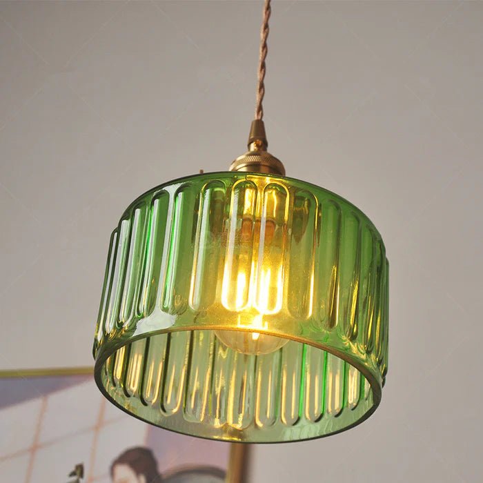 Taklampe, vintage-stil ribbet glasskjerm, justerbar E27-ledning