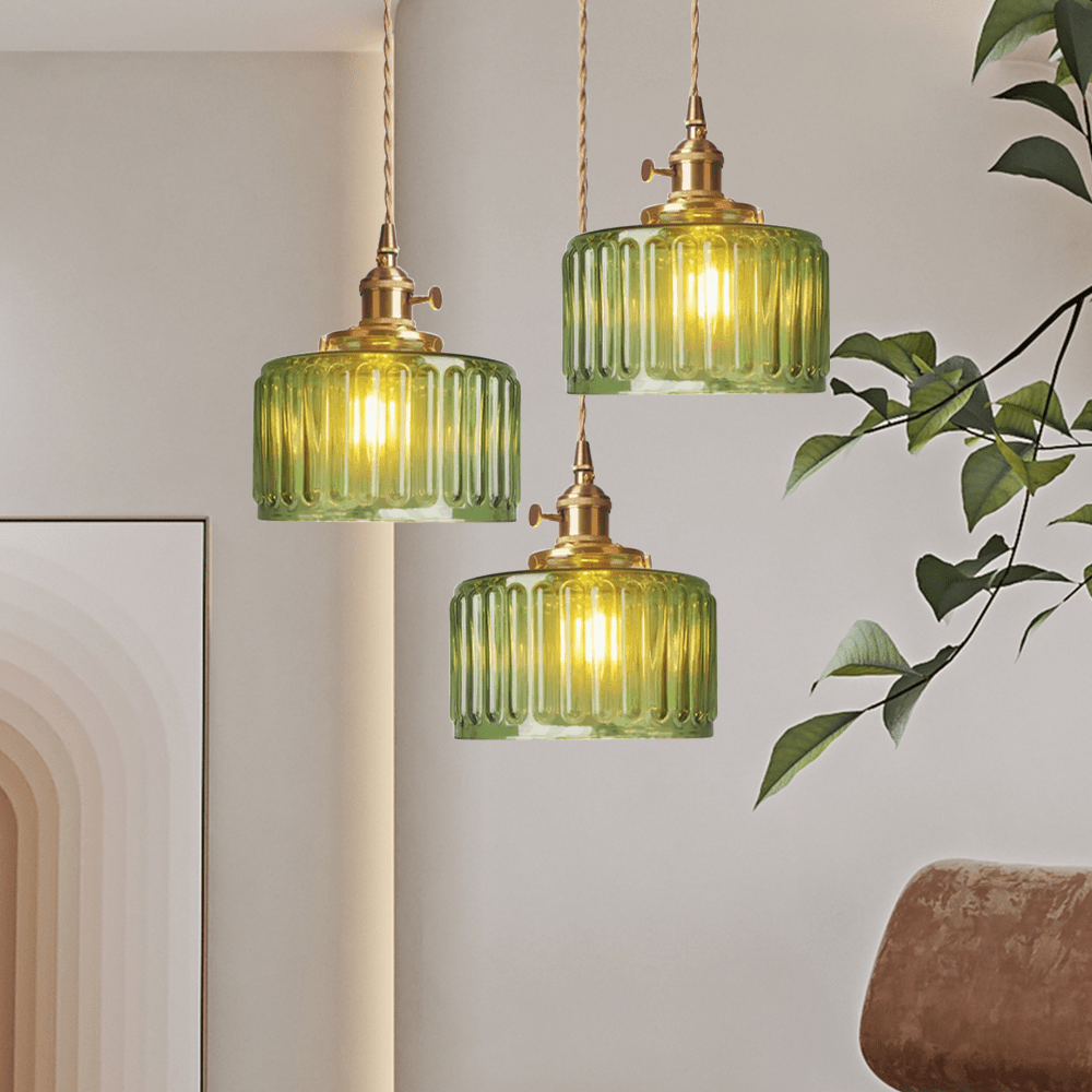 Taklampe, vintage-stil ribbet glasskjerm, justerbar E27-ledning